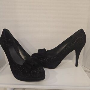 Stuart Weitzman Lace Bow Platform Heels Black Size 11